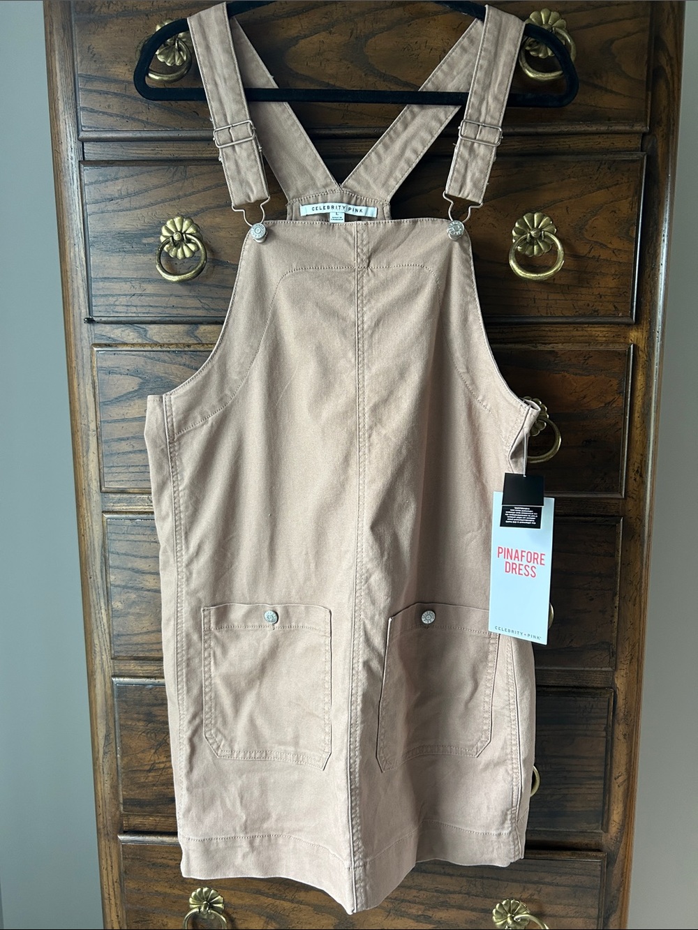 NWT Celebrity Pink Tan Denim Canvas Pinafore Jumper Dress, Size L